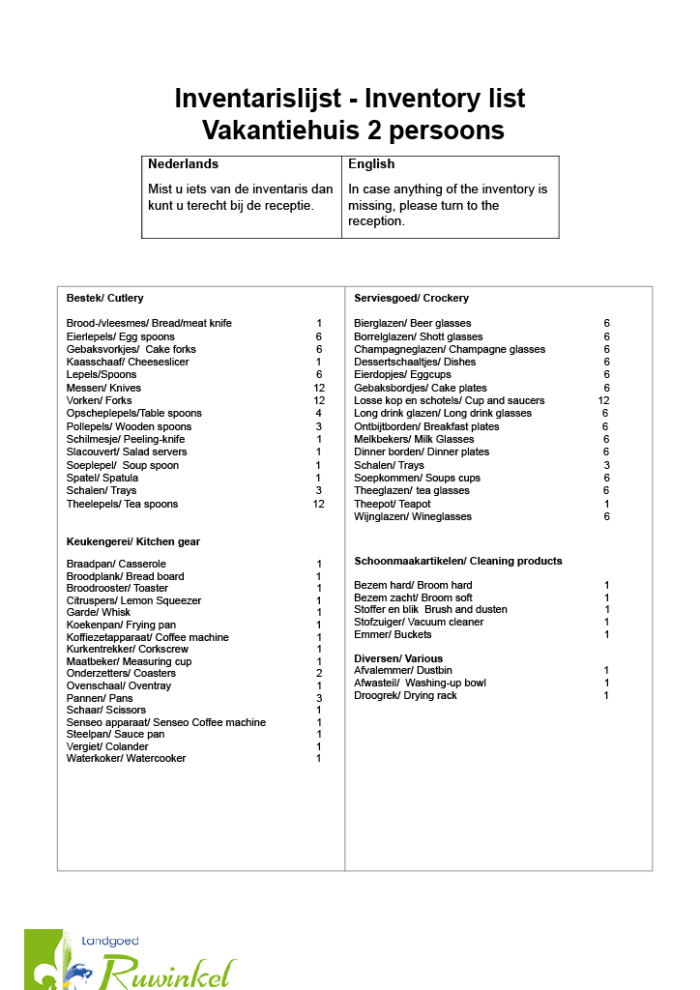 Inventarislijst Vakantiehuis 2 persoons