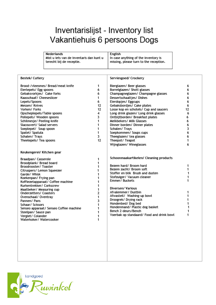 Inventarislijst Vakantiehuis 6  persoons Dogs