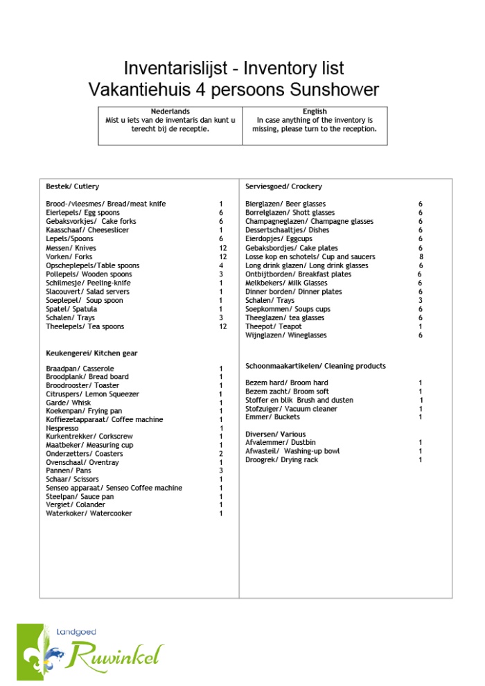 Inventarislijst Vakantiehuis 4 persoons Sunshower