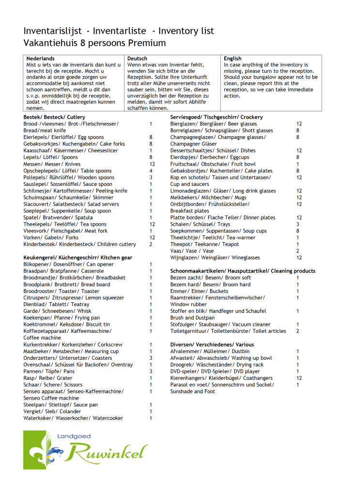 inventarislijst 8 persoons premium