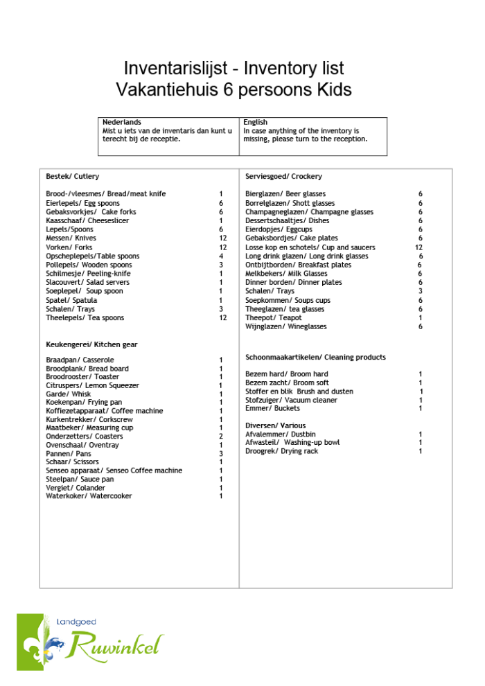 Inventarislijst 6 persoons Kids
