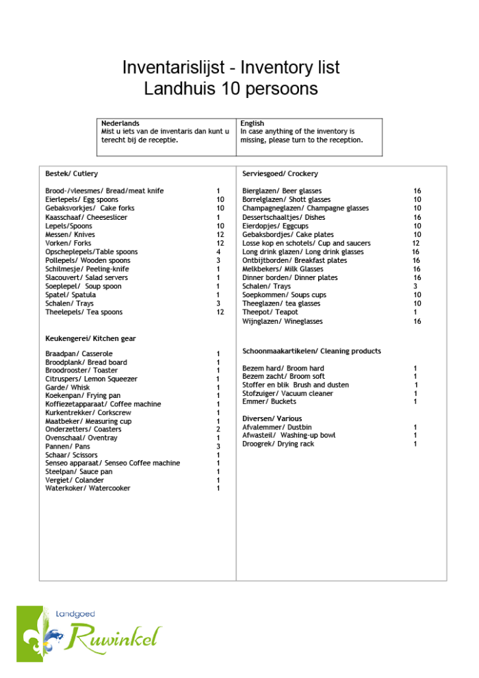 Inventarislijst Landhuis 10 persoons