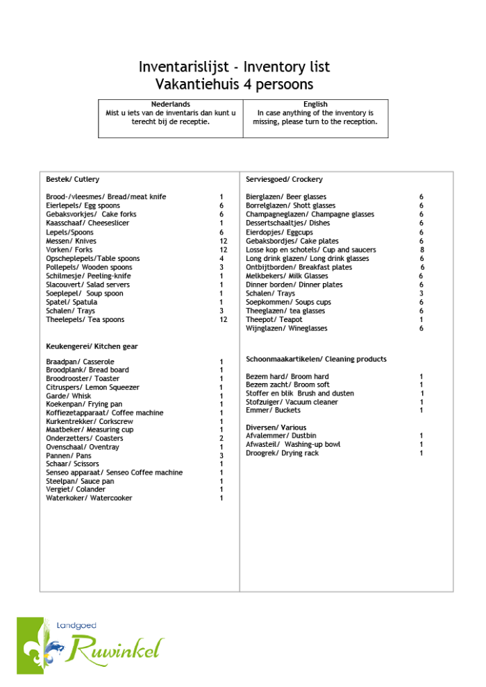 Inventarislijst Vakantiehuis 4 persoons